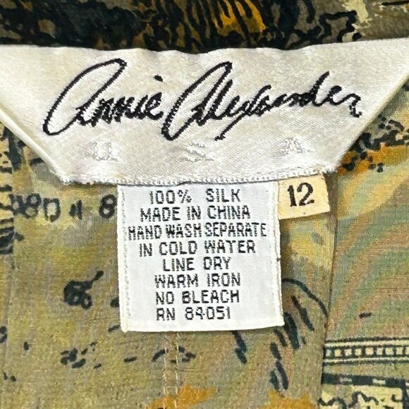Vintage Annie Alexander Green Silk Button-Up Shirt w/Map Design Women's Size 12 - Picture 4 of 6